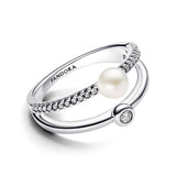 Treated Freshwater Cultured Pearl & Pavé Double Band Ring