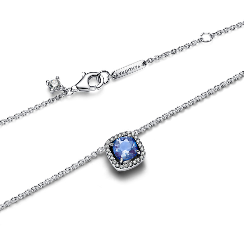 Sparkling Square Blue Halo Pendant Necklace