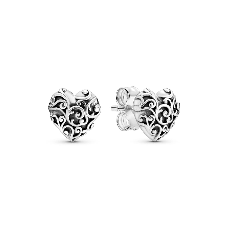 Regal Pattern Heart Silver Stud Earrings