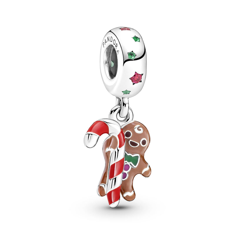 Ginger Bread Man With Candy Cane Sterling Silver Dangle